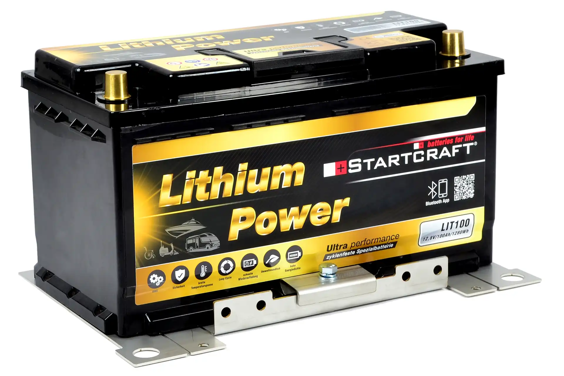 LiFePO4 Zusatzbatterie 100Ah im Multihalter montiert – intelligenter Batteriehalter für alle universellen Anwendungen & fahrzeugspezifisch, passend für Untersitzmontage im VW T5, T6, T6.1, Ducato, Boxer, Jumper, für alle Batterien mit B13 Bodenleiste und 175mm Breite