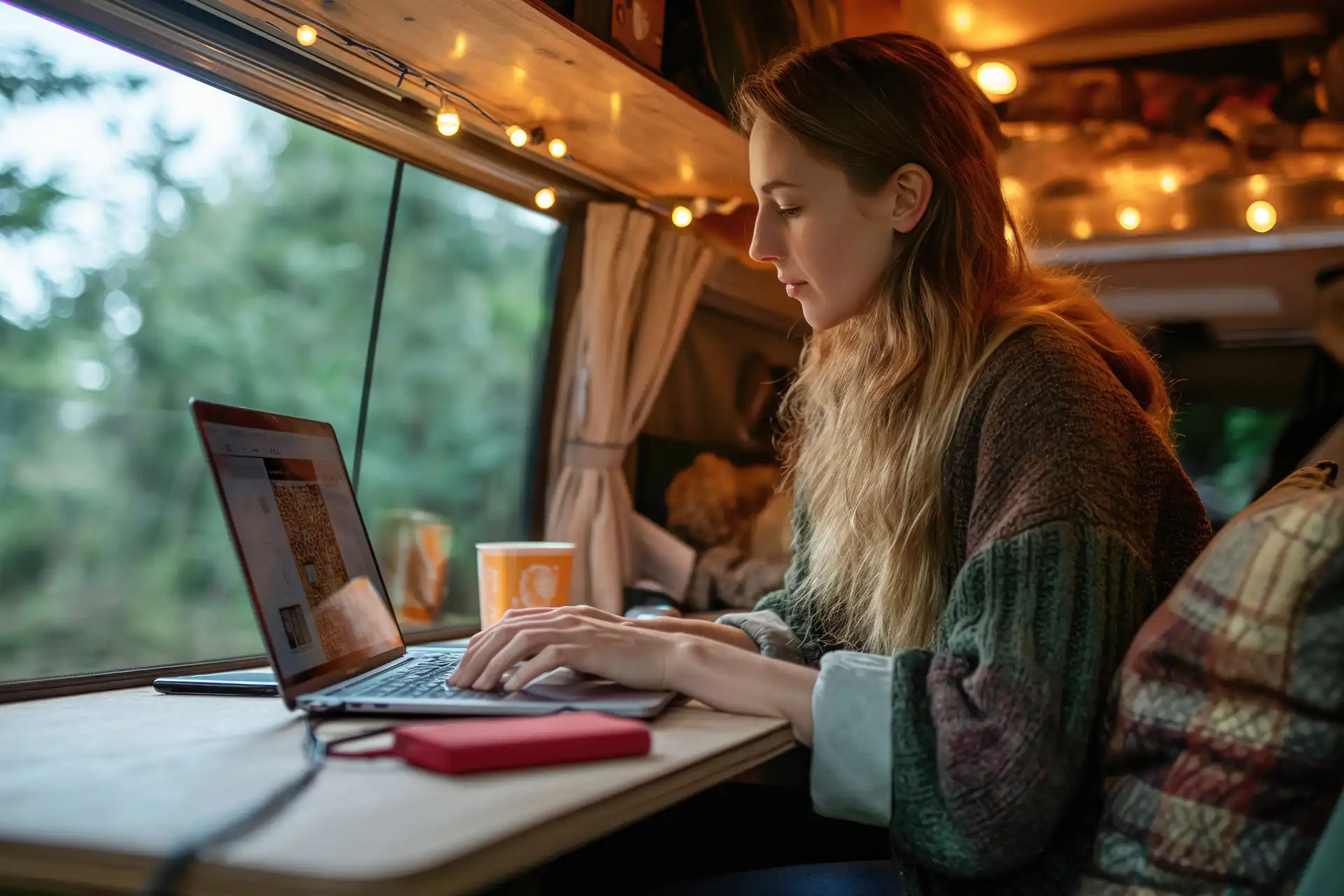 Medium Aufnahme Frau als digitale Nomadin arbeitet mobil mit Internet Verbindung WLAN Router Hotspot nachrüsten Einbau Service in Zwickau DÖRFELT DIE WERKSTATT