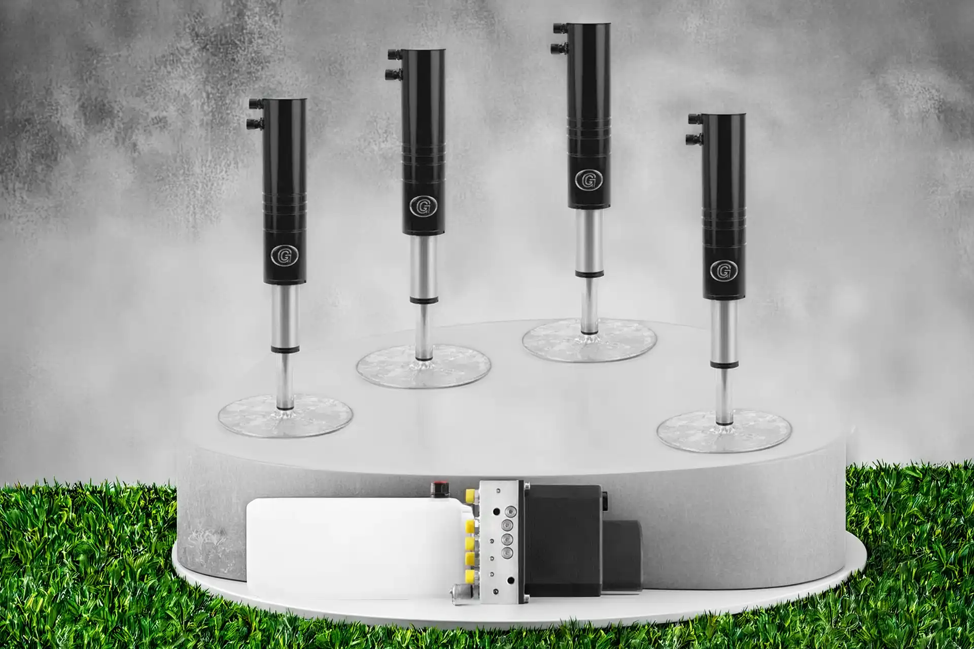 Hydraulisches Hubstützensystem HLC Smart Goldschmitt vollautomatisch auf Knopfdruck mit wasserdichtem Hydraulikaggregat bei DÖRFELT DIE WERKSTATT in Zwickau innovative Nivelliertechnik für Wohnmobile maximale Stabilität und komfortable Bedienung